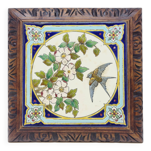 Longwy Dessous De Plat A Sonnette Carreau Faïence Émaillée Et Cadre En Bois