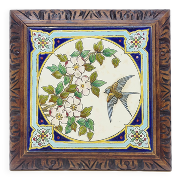 Longwy Trivet with Doorbell, Glazed Earthenware Tile and Wooden Frame