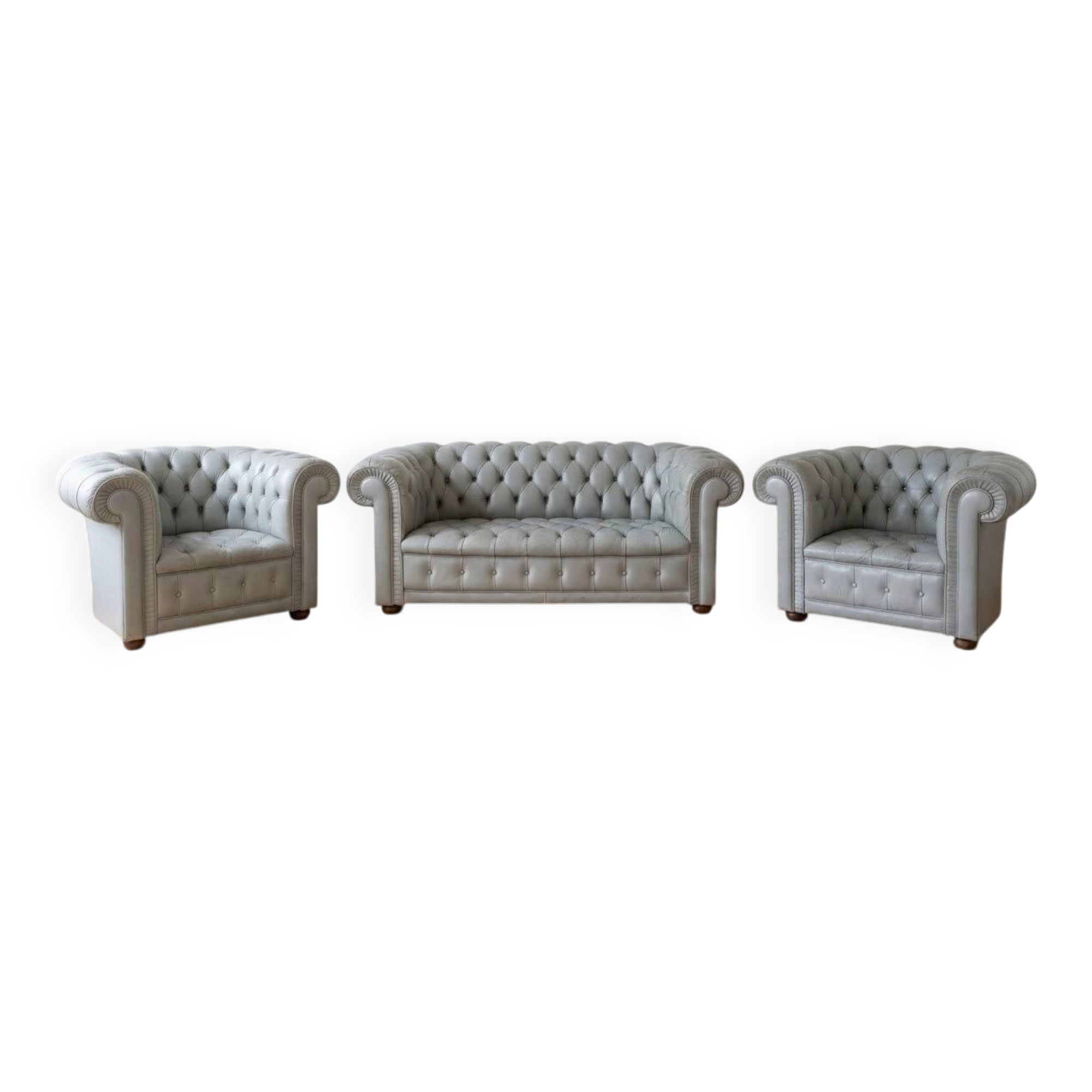 Sofa + 2 grey leather Chesterfield armchairs