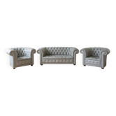 Sofa + 2 grey leather Chesterfield armchairs