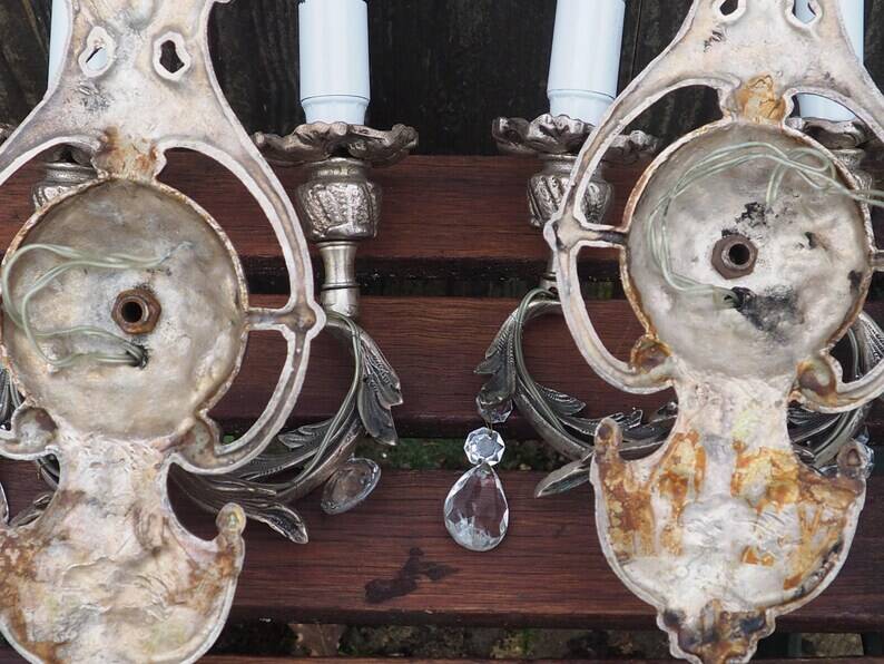 Italian Hollywood Regency Crystal Wall Lights – Silvered Metal Double Arm Light