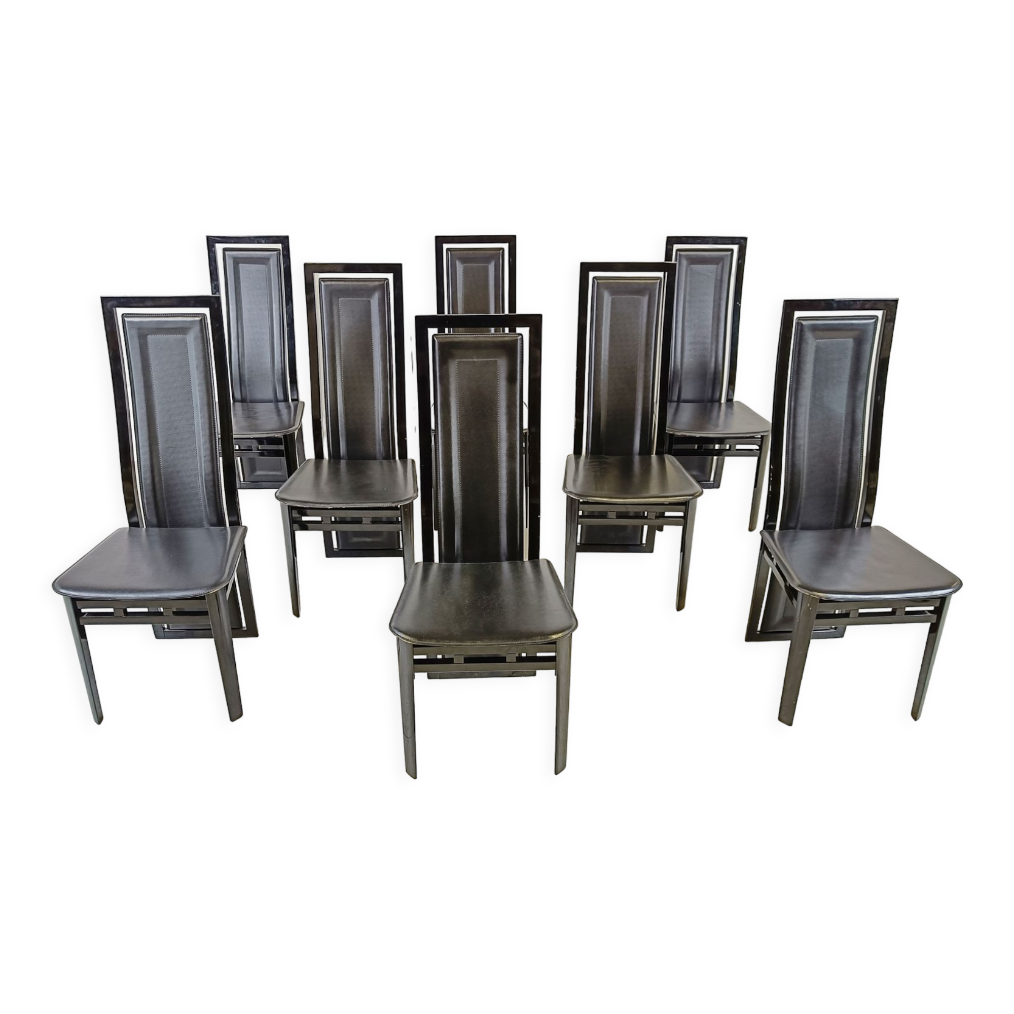 Set of eight Italian Lacquered Wood and Leather Modern Dining Chairs