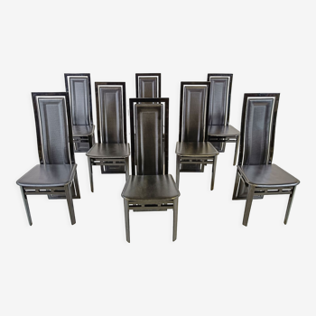 Ensemble de huit chaises de salle à manger modernes en bois laqué italien et en cuir