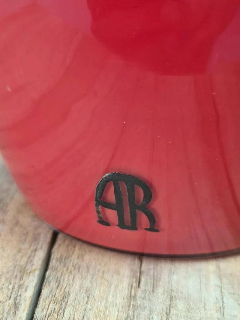Vintage red glass vase – hand-painted floral decoration – signed Ar
