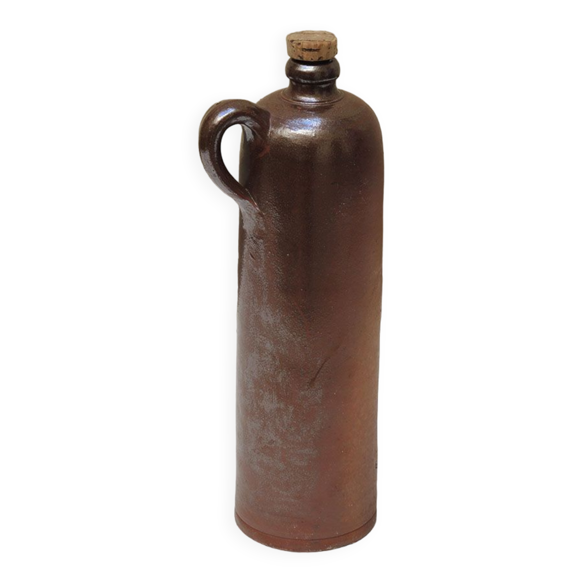 Old enamelled brown sandstone bottle with cork stopper