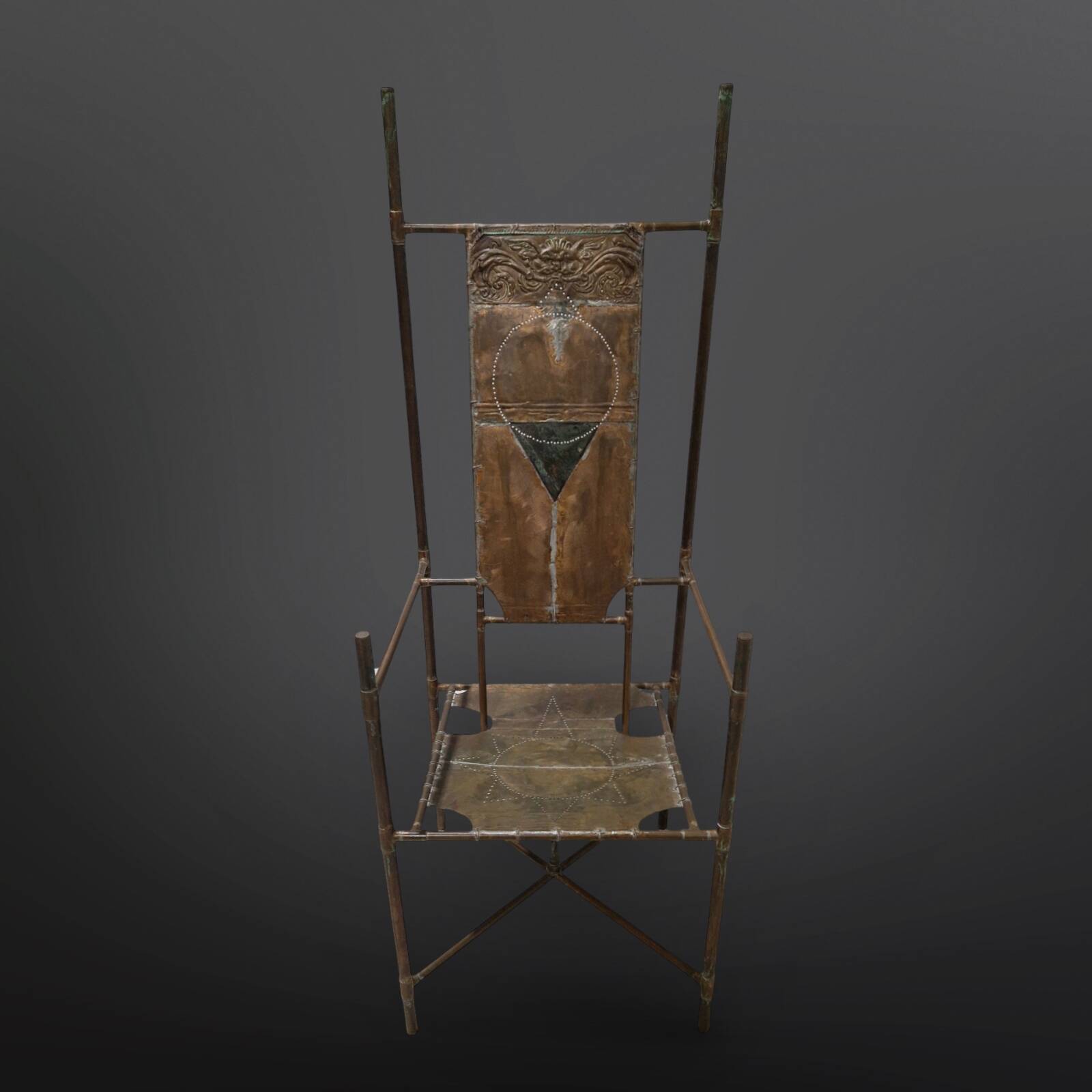 Copper and brass throne chair by Cor de Ree, Netherlands 1990
