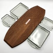 Teak tray and its 4 stackable glass dishes • Denmark • 1960