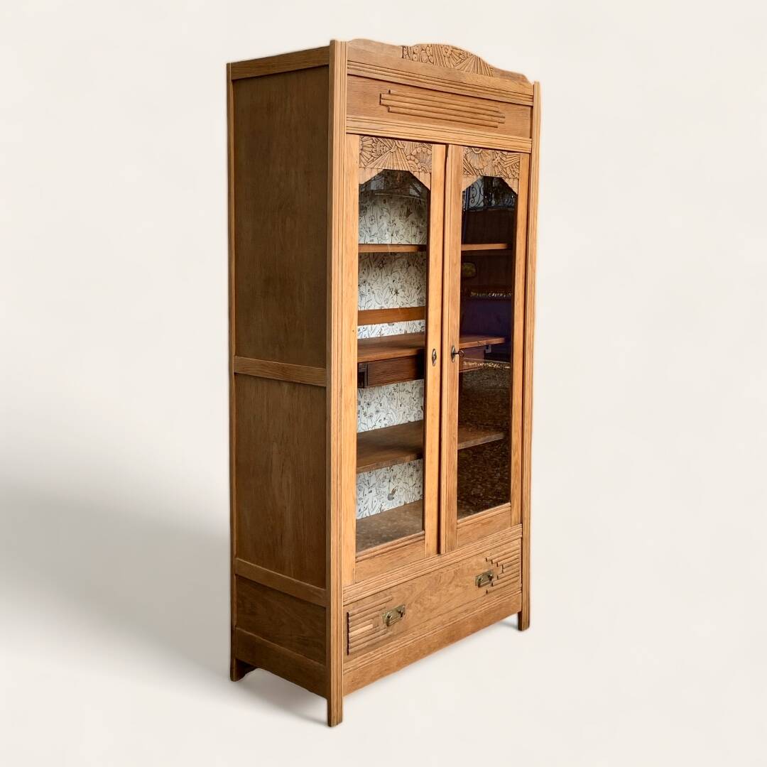 Parisian art deco glass cabinet in raw wood