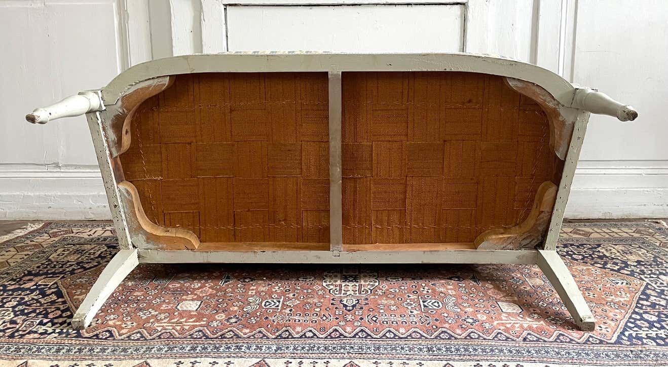 Directoire French silk sofa bench with blue, grey and white 18th century patterns