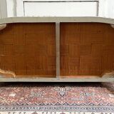 Directoire French silk sofa bench with blue, grey and white 18th century patterns