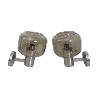 Pair of vintage chrome wall lights with smoked glass globe