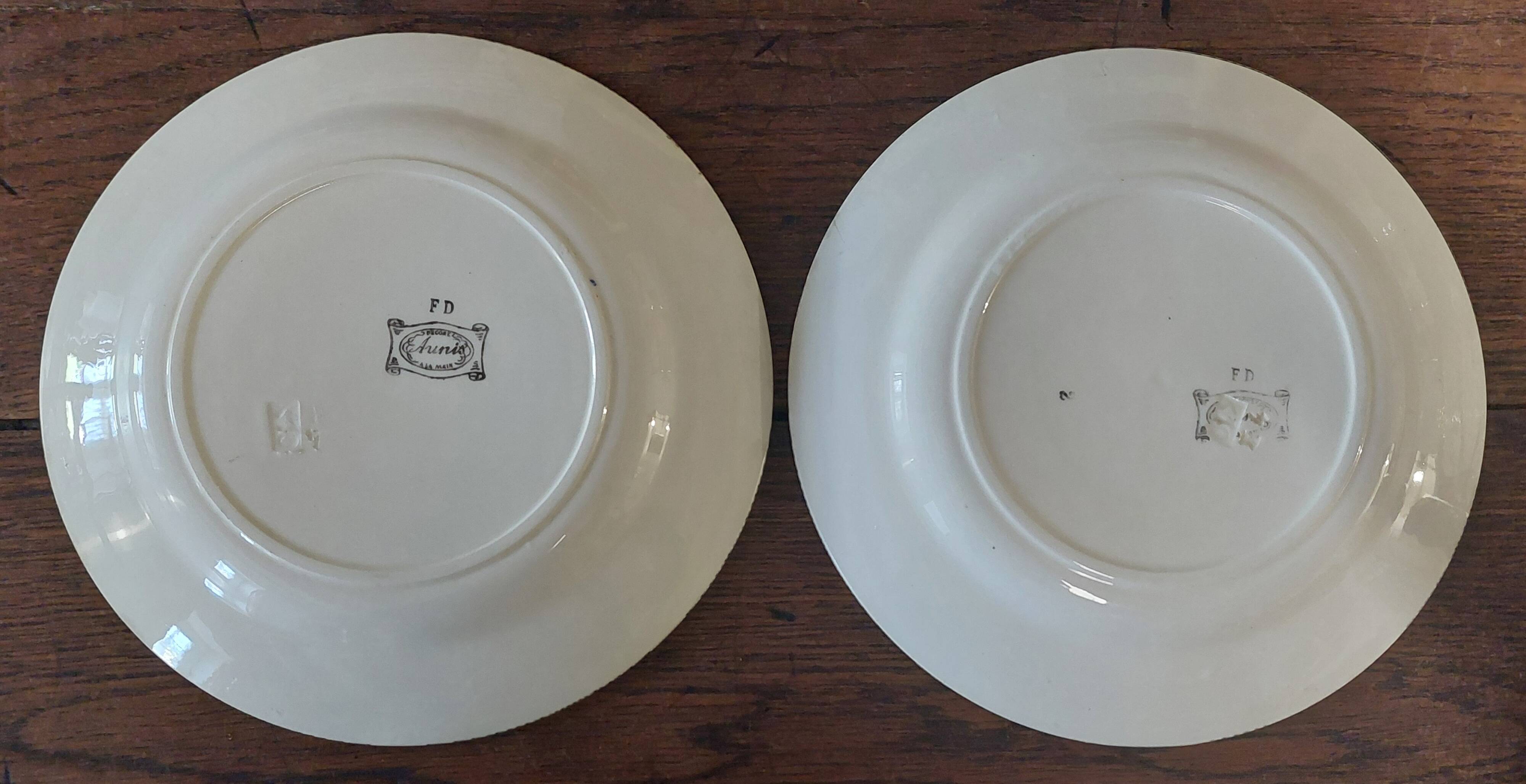 Pair of flat earthenware plates, ironstone, FD, Aunis decor