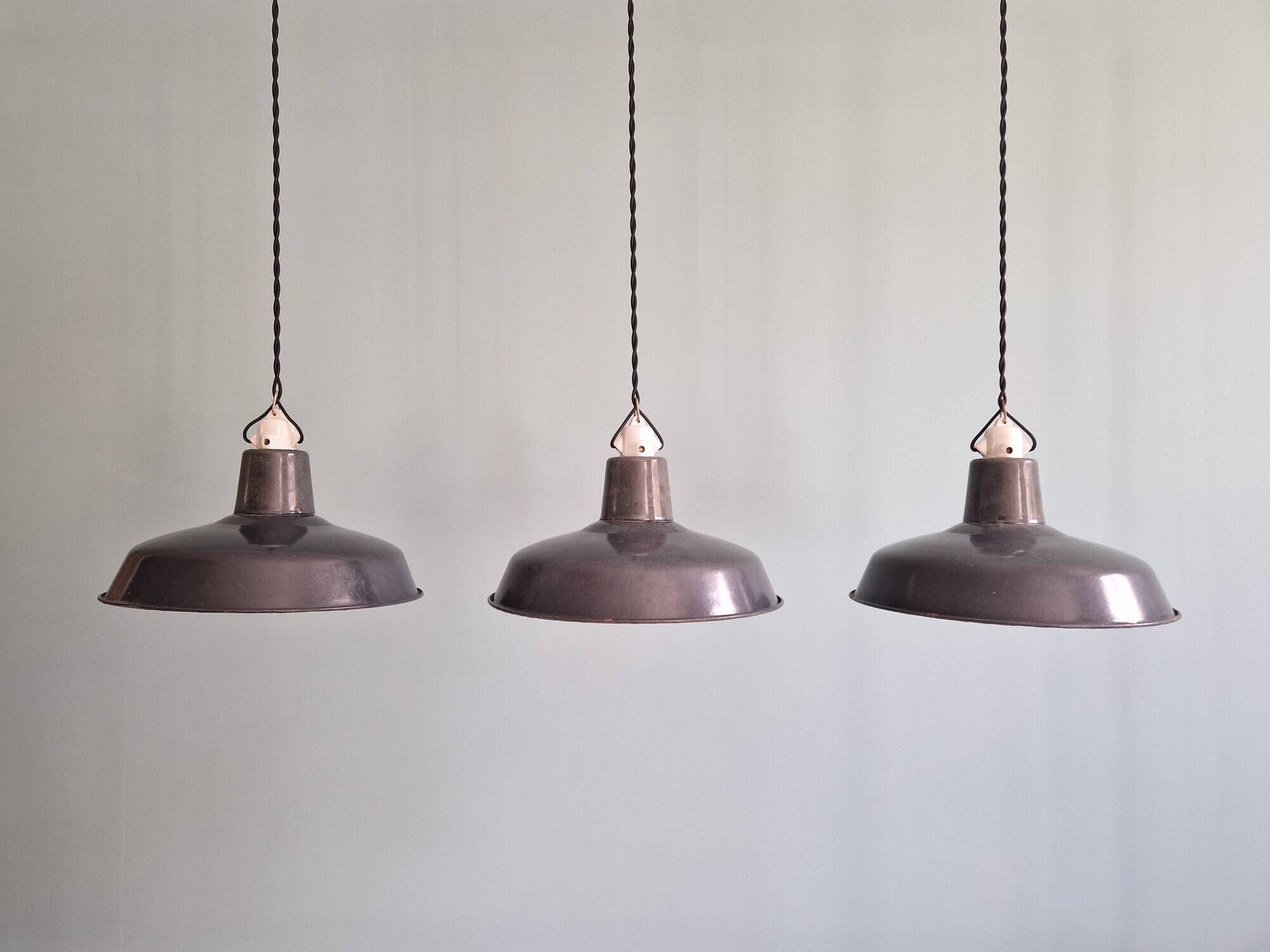 Set of 3 industrial pendant lights in anthracite enameled sheet metal