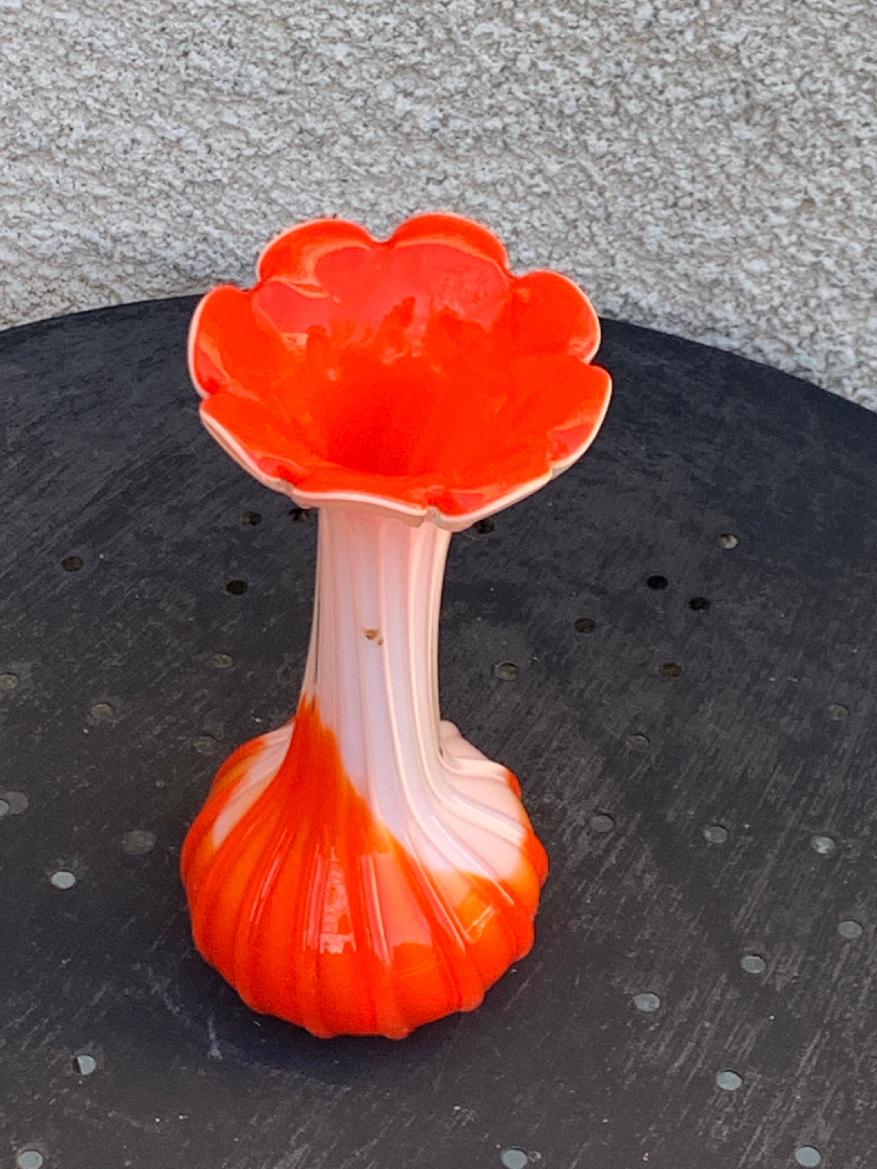 Orange and white opaline vase in the shape of a vintage flower corolla