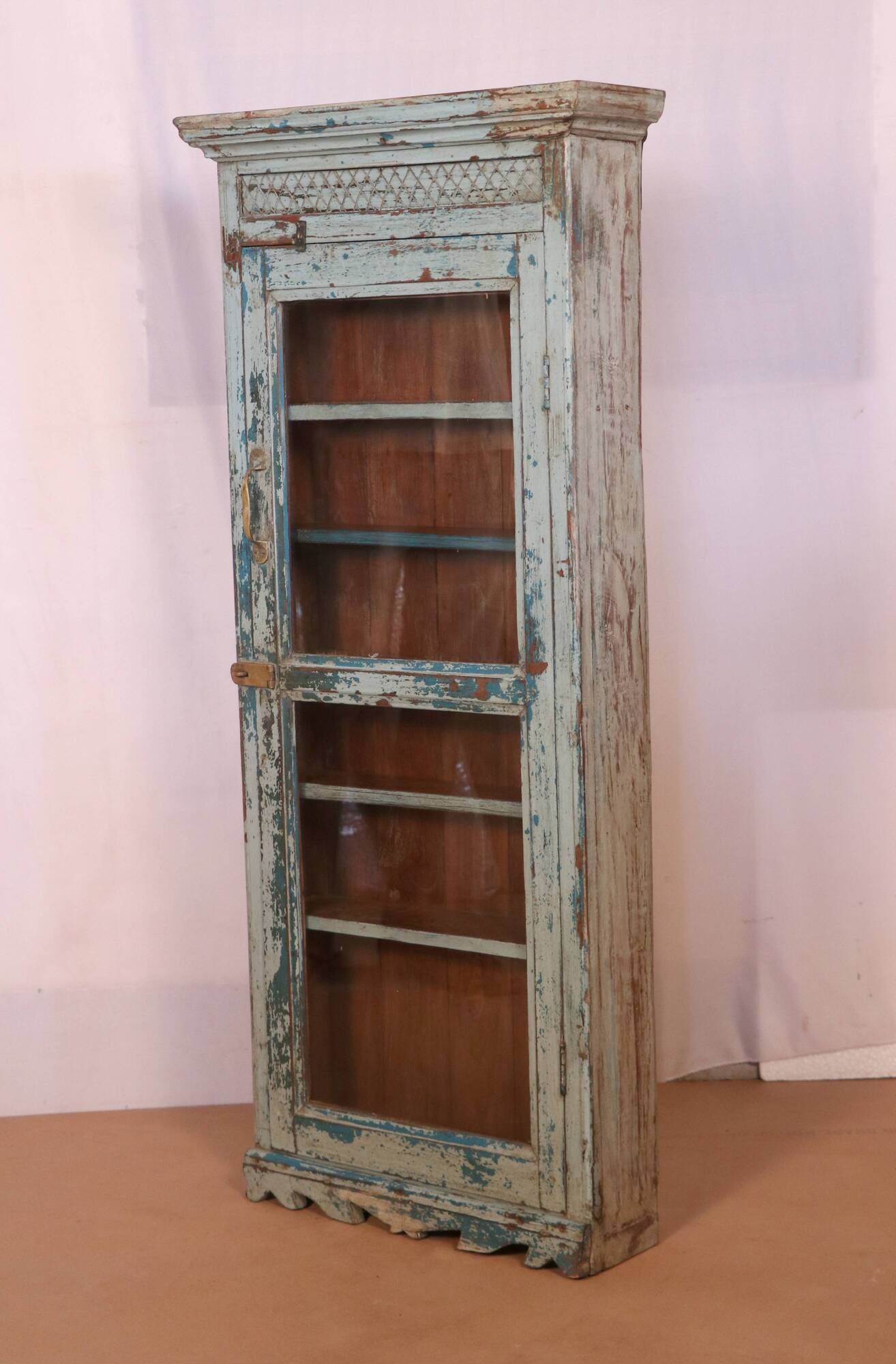 Old art deco wall showcase in burmese teak original blue-gray patina