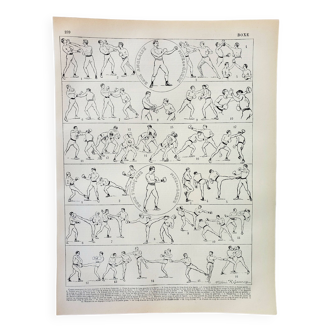 Gravure ancienne 1898, Boxe, technique, sport de combat • Lithographie, Planche originale
