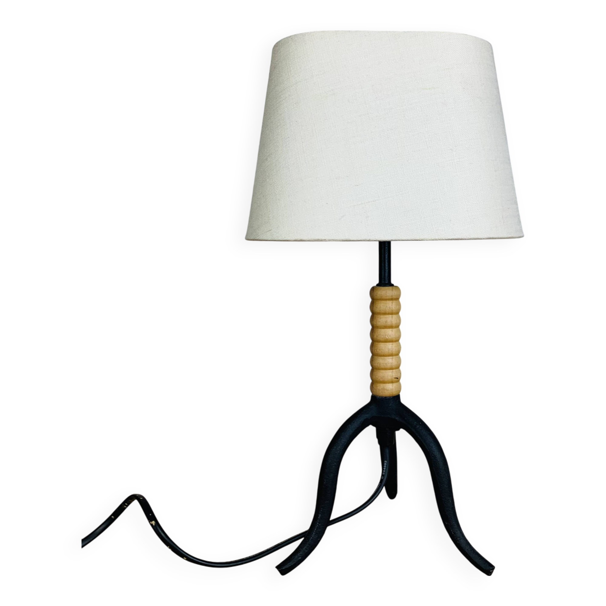 Wrought iron and wood tripod lamp