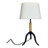 Wrought iron and wood tripod lamp