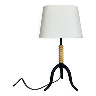 Wrought iron and wood tripod lamp