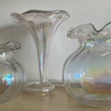 Series of 3 vintage vases in iridescent glass paste