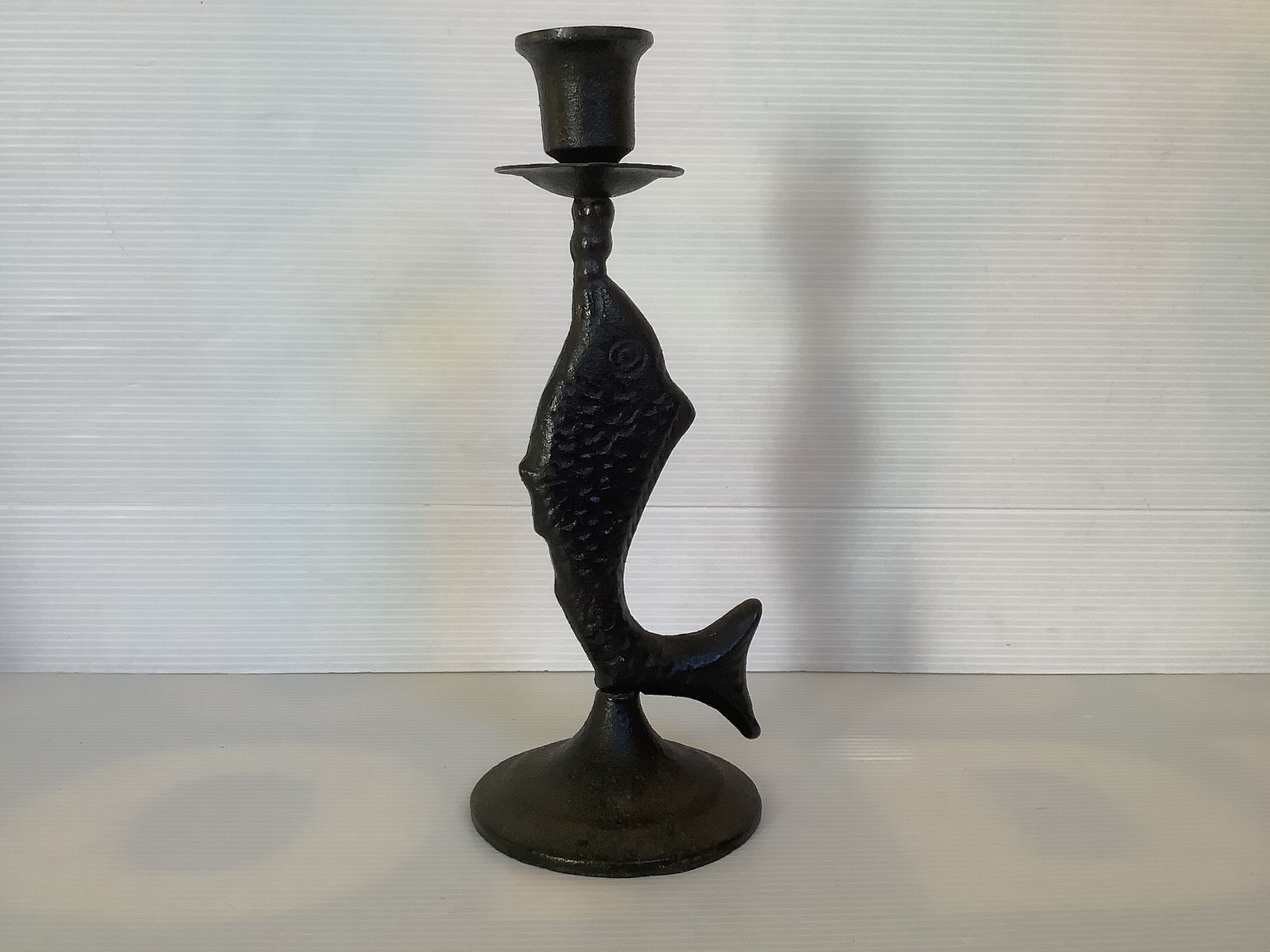 Brutalist black cast iron fish candle holder