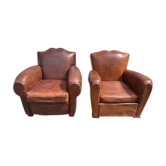 Pair of club armchairs in leather mustache 1930