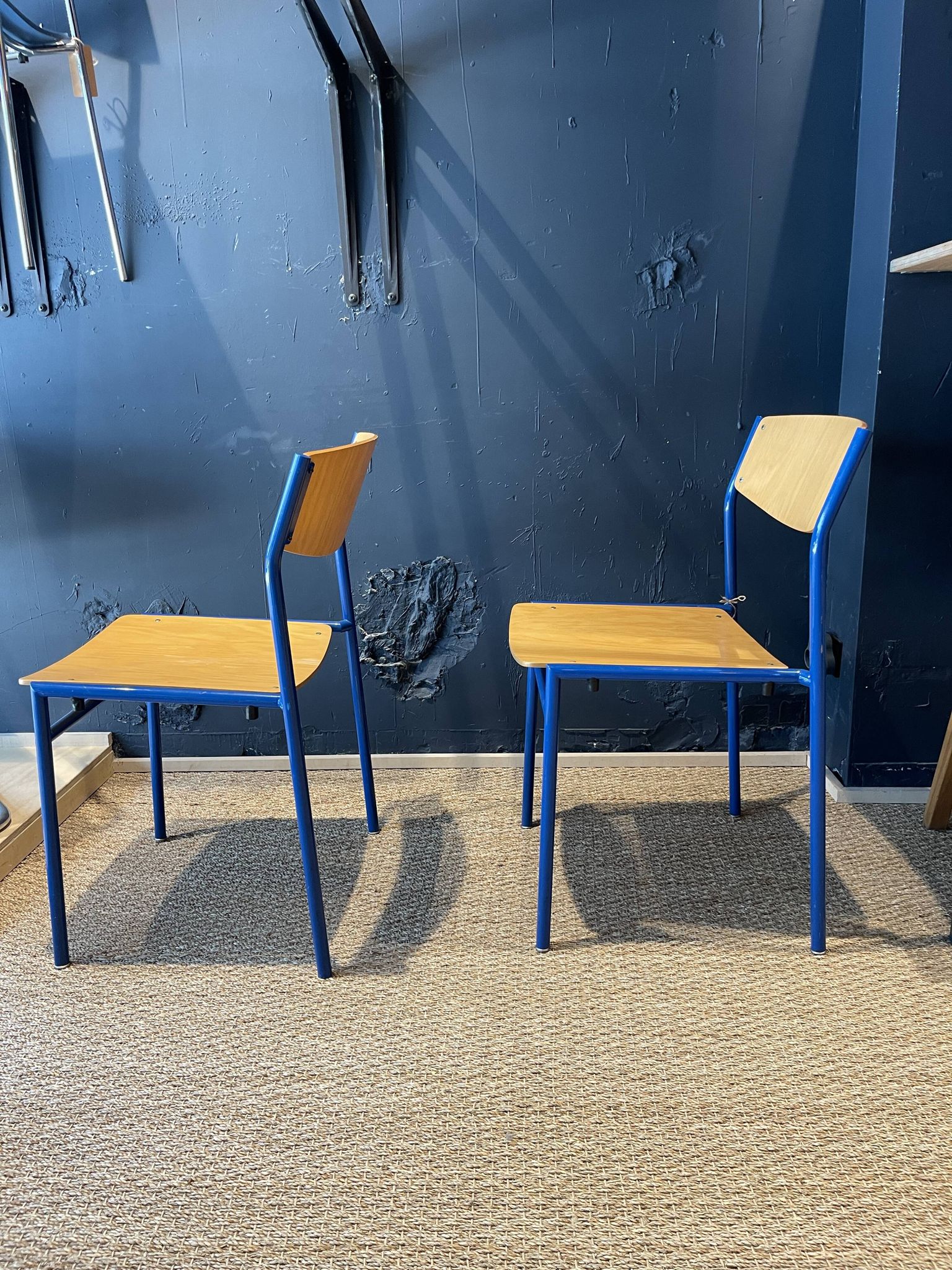 Pair of Gijs Van Der Sluis chairs in wood and blue legs from the Netherlands, 1970s