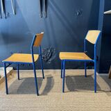 Pair of Gijs Van Der Sluis chairs in wood and blue legs from the Netherlands, 1970s