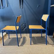 Pair of Gijs Van Der Sluis chairs in wood and blue legs from the Netherlands, 1970s