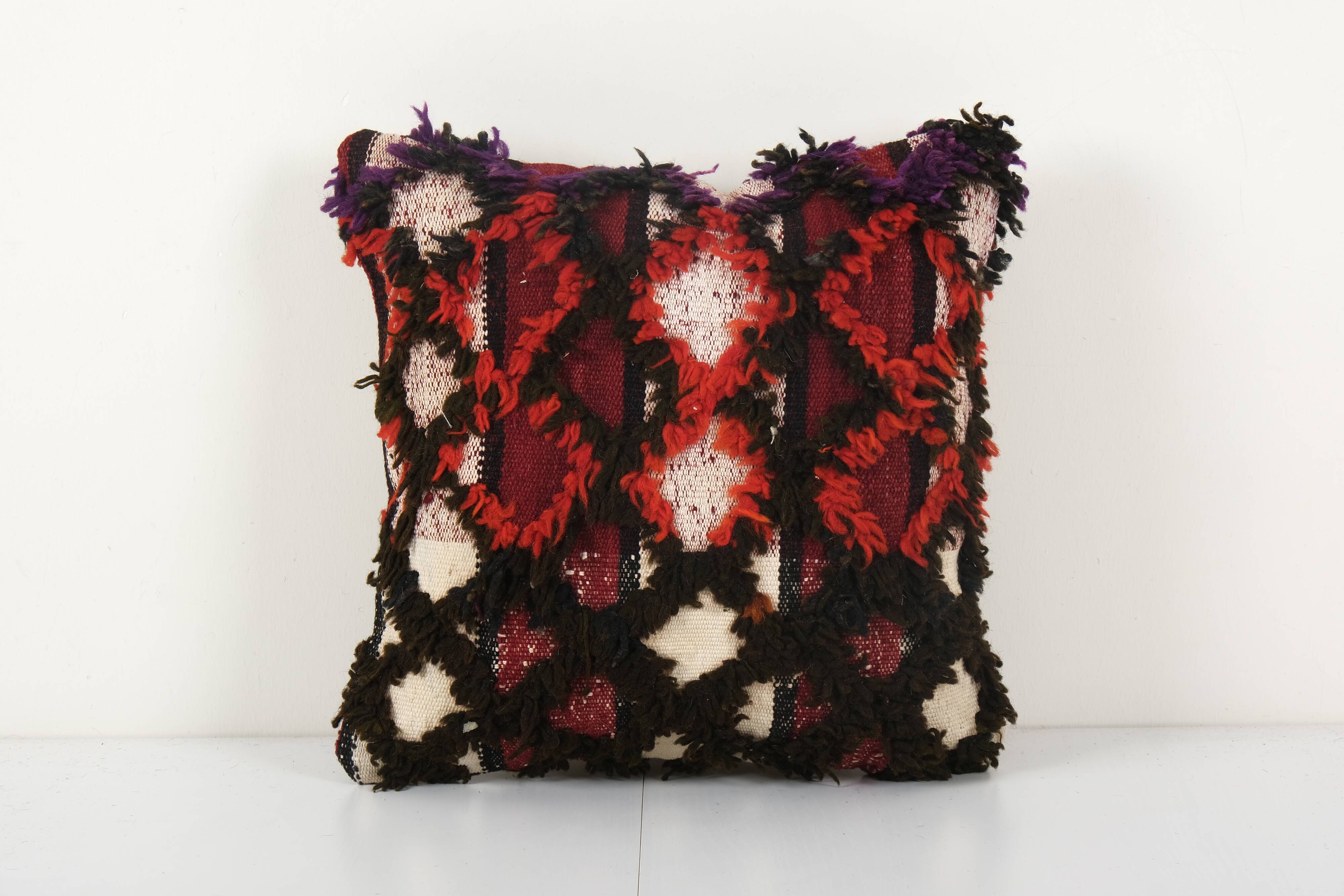 Vintage handwoven multi color turkish flokati shagy pillow cover, handwoven square turkish shaggy tu