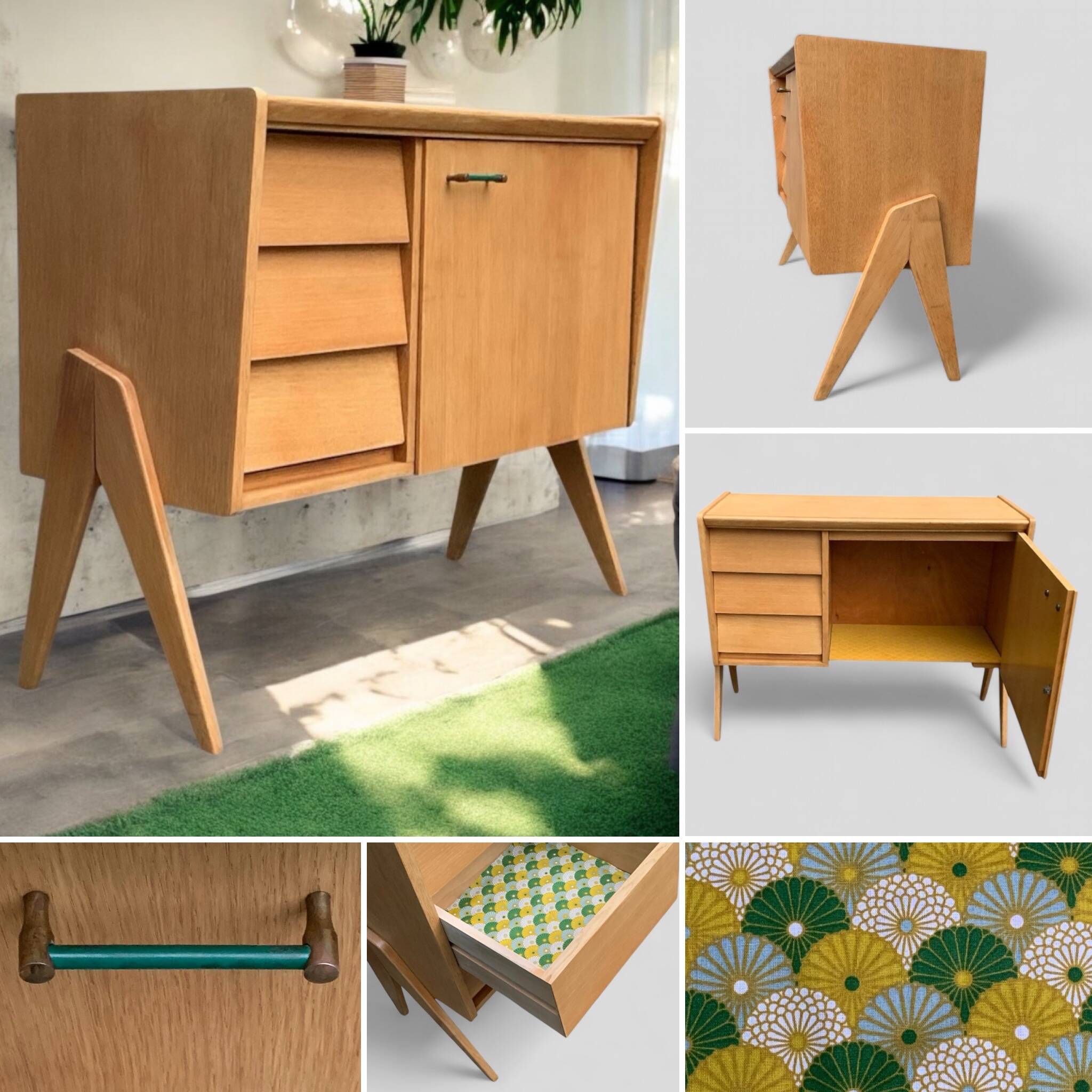 Vintage chest of drawers with compass legs, light oak, 1960s