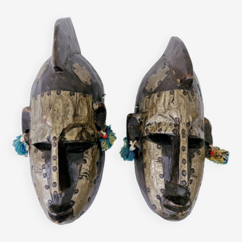 2 African Masks Couple Bambara Mali Ethnic Tribal Art