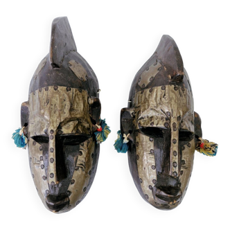 2 African Masks Couple Bambara Mali Ethnic Tribal Art