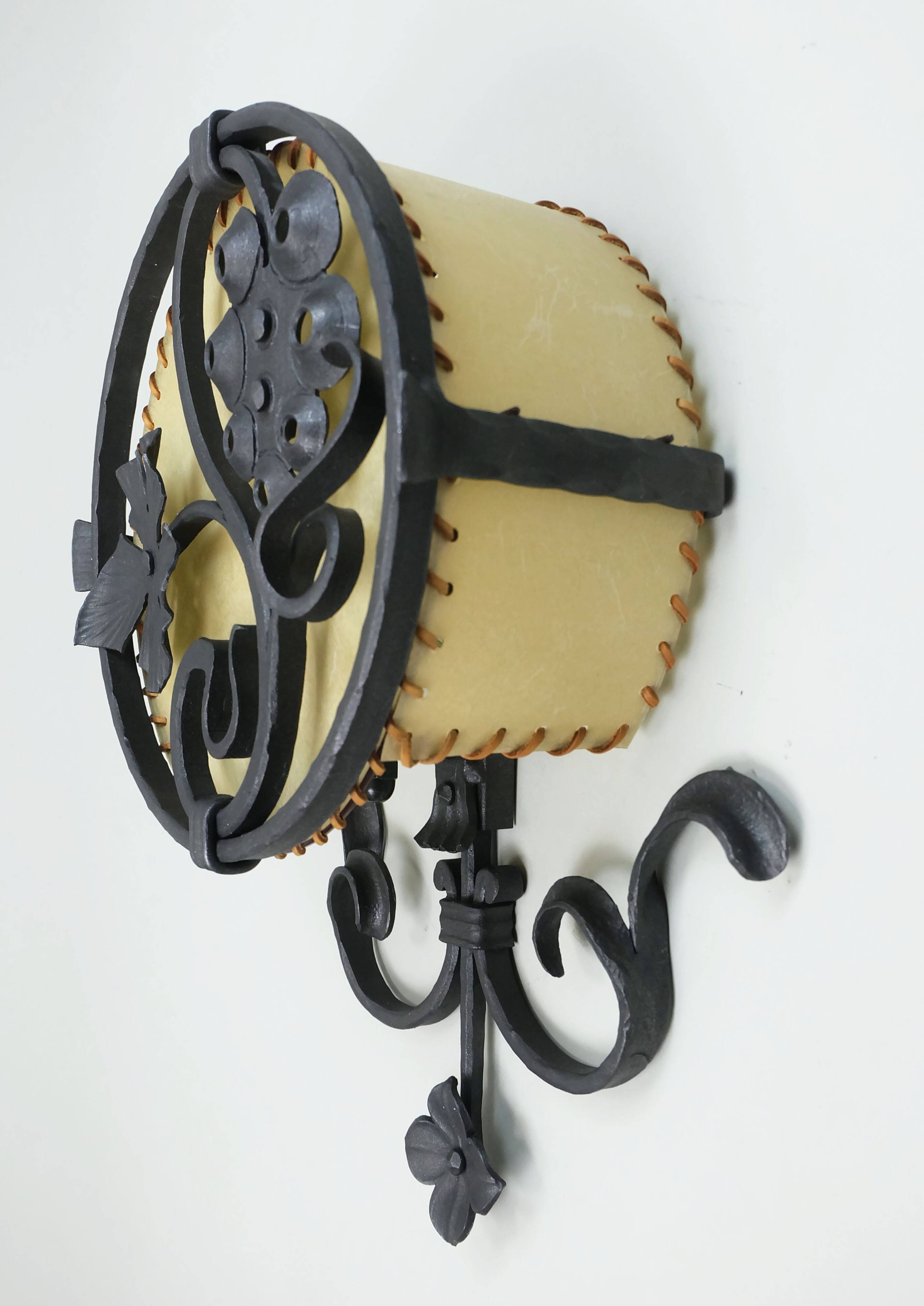 1970s WALL LAMP wrought iron and parchment koch & sons brutalist rustic