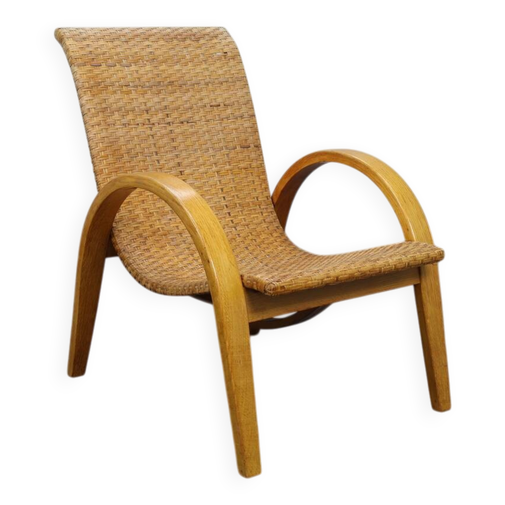 Rare Armchair in Wood and Woven Rattan, 1960s