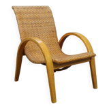 Rare Armchair in Wood and Woven Rattan, 1960s