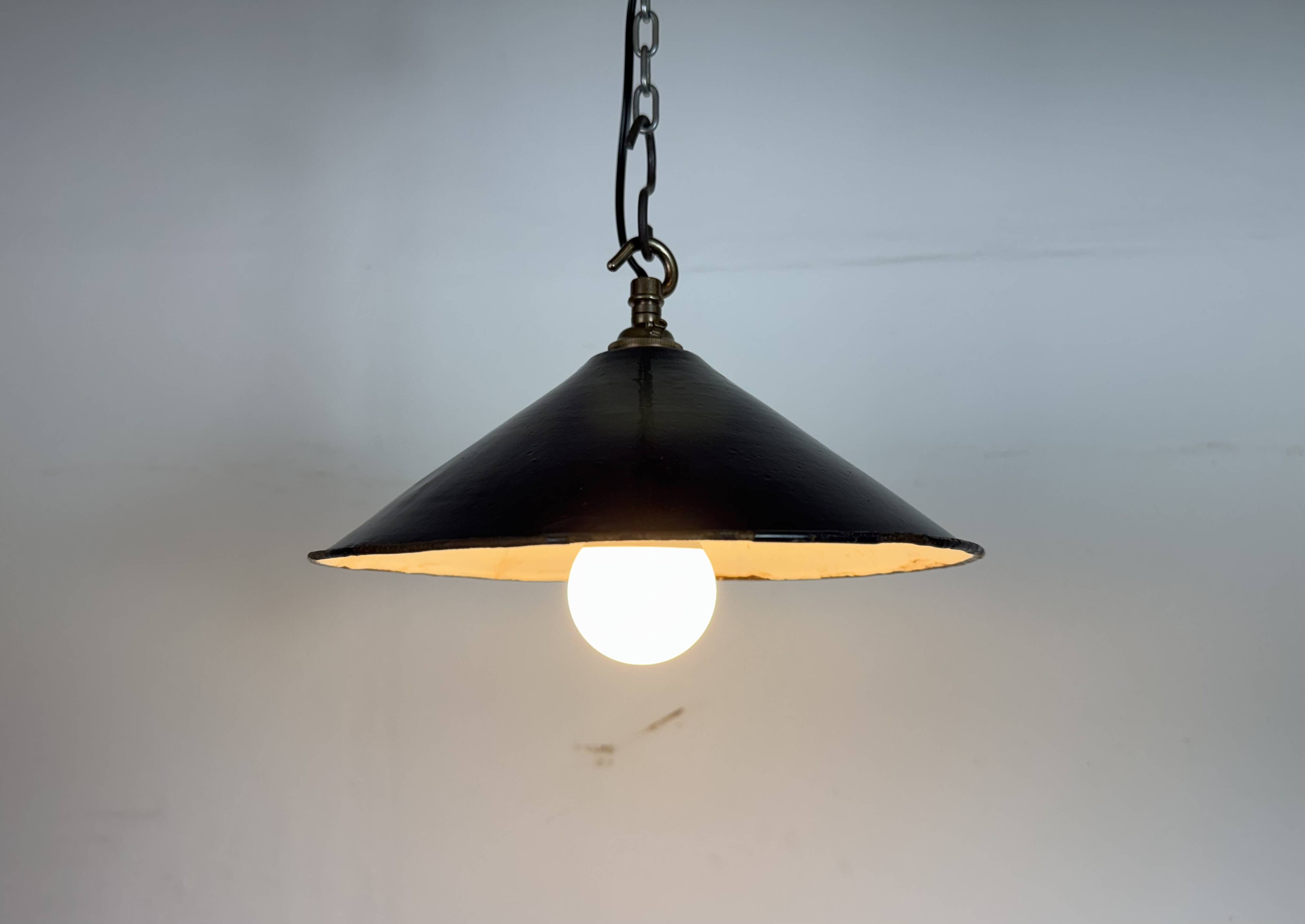 Industrial British Dark Blue Enamel Factory Pendant Lamp, 1950s