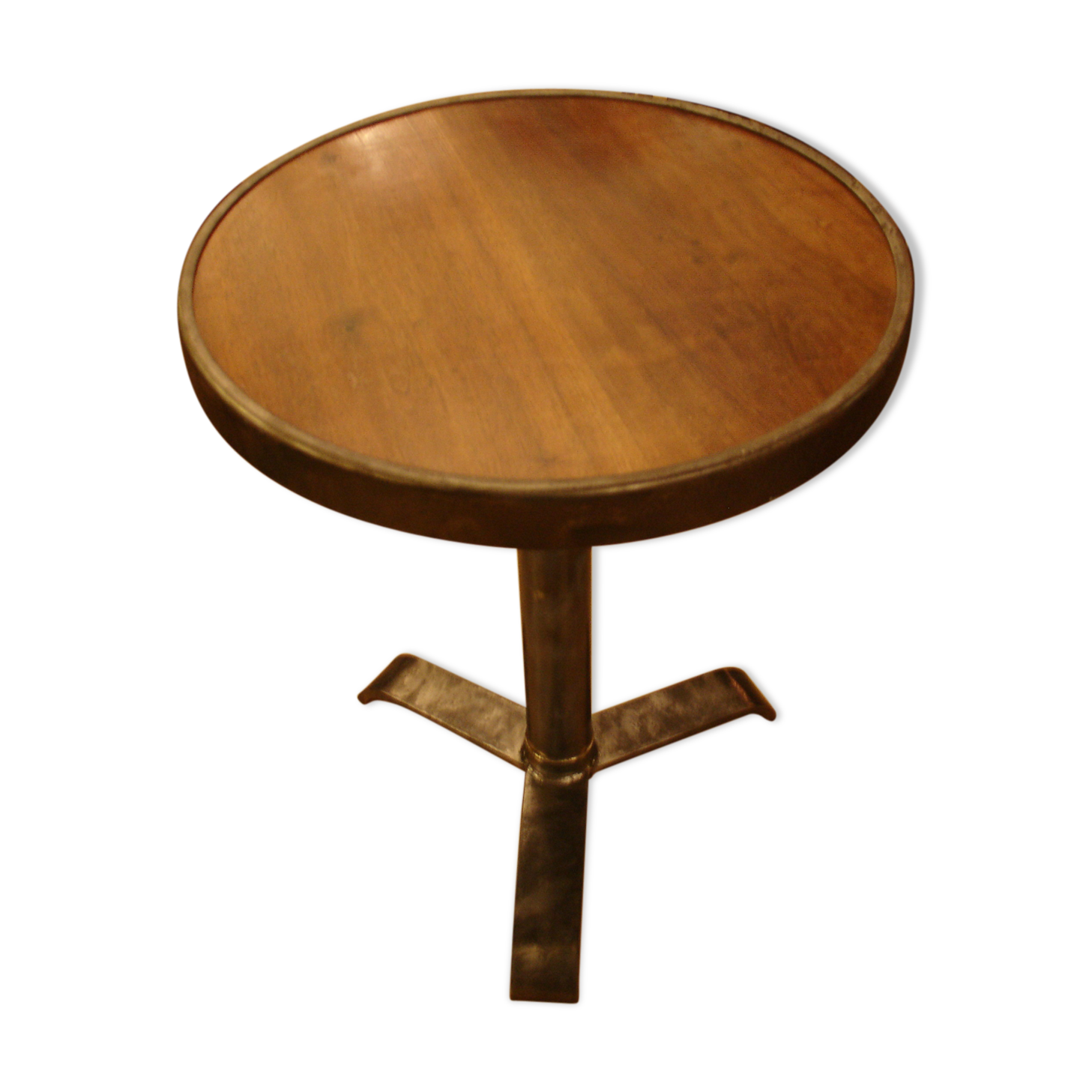 Bistro pedestal table in polished steel and walnut wood, circa 1950