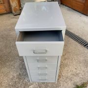 Grey metal industrial chest of drawers, 6 compact drawers, 1980s, utilitarian style.