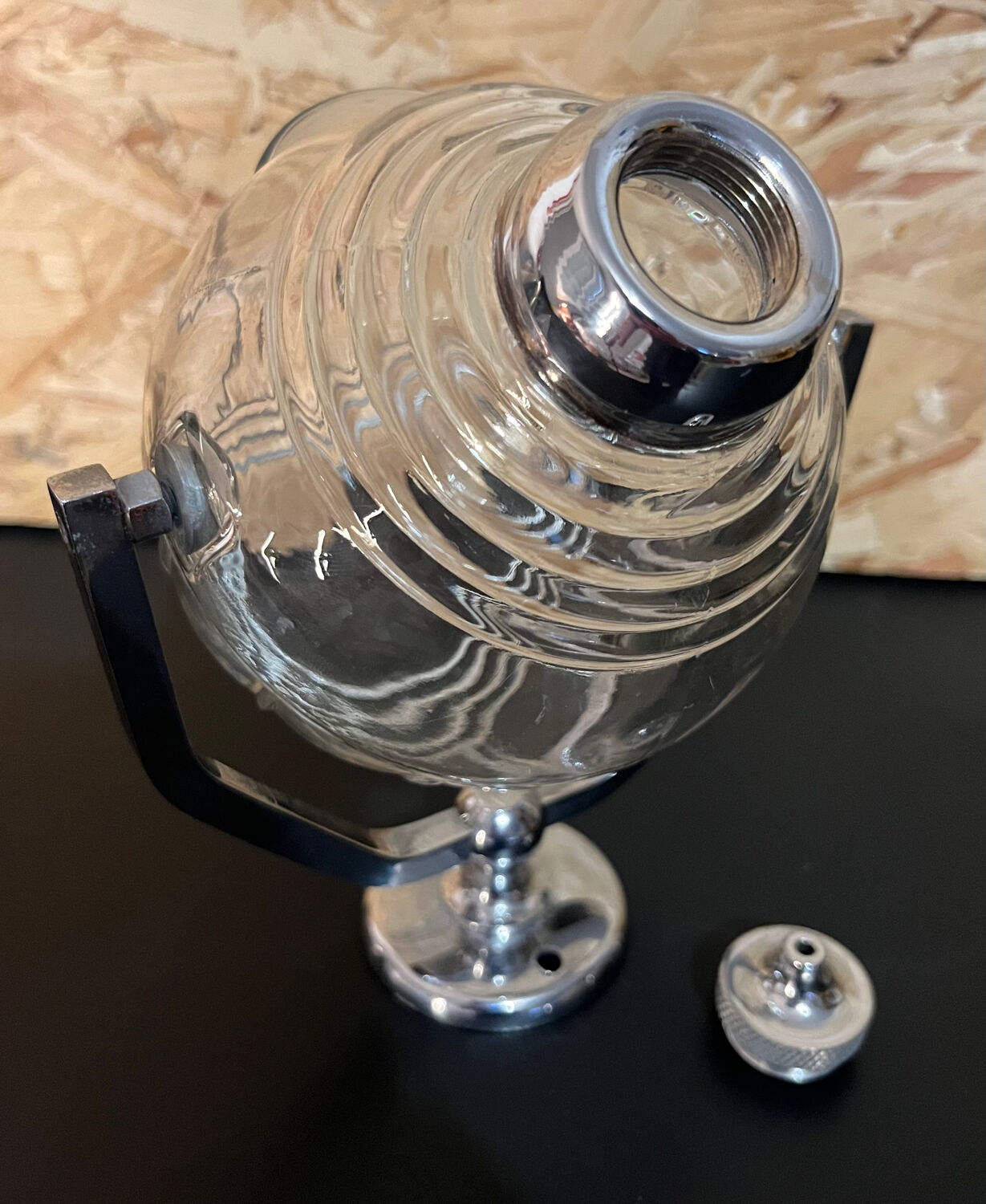 Old glass and metal liquid soap dispenser