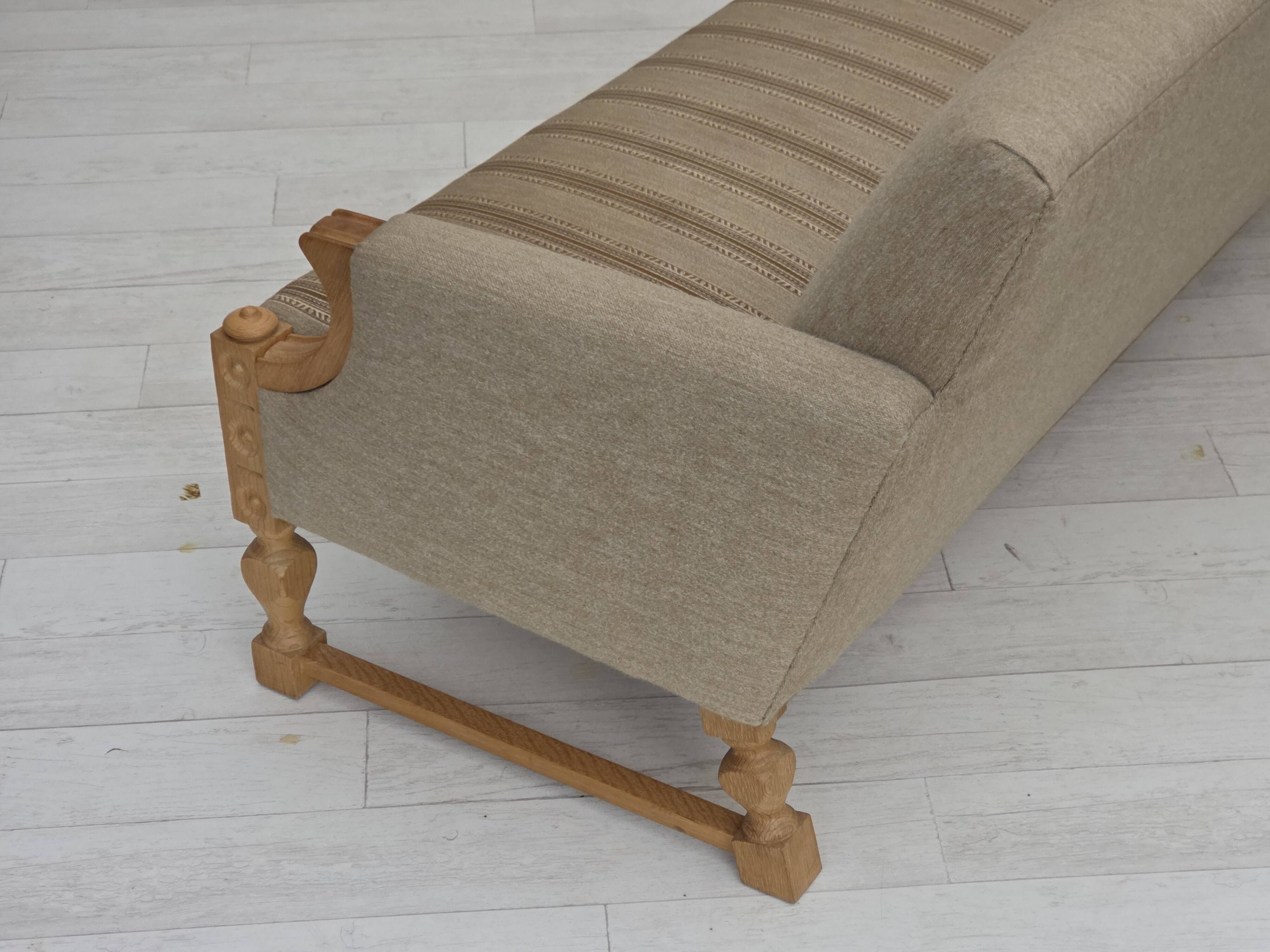 1970s, 3-seater Danish sofa, original beige furniture wool, solid oak wood.