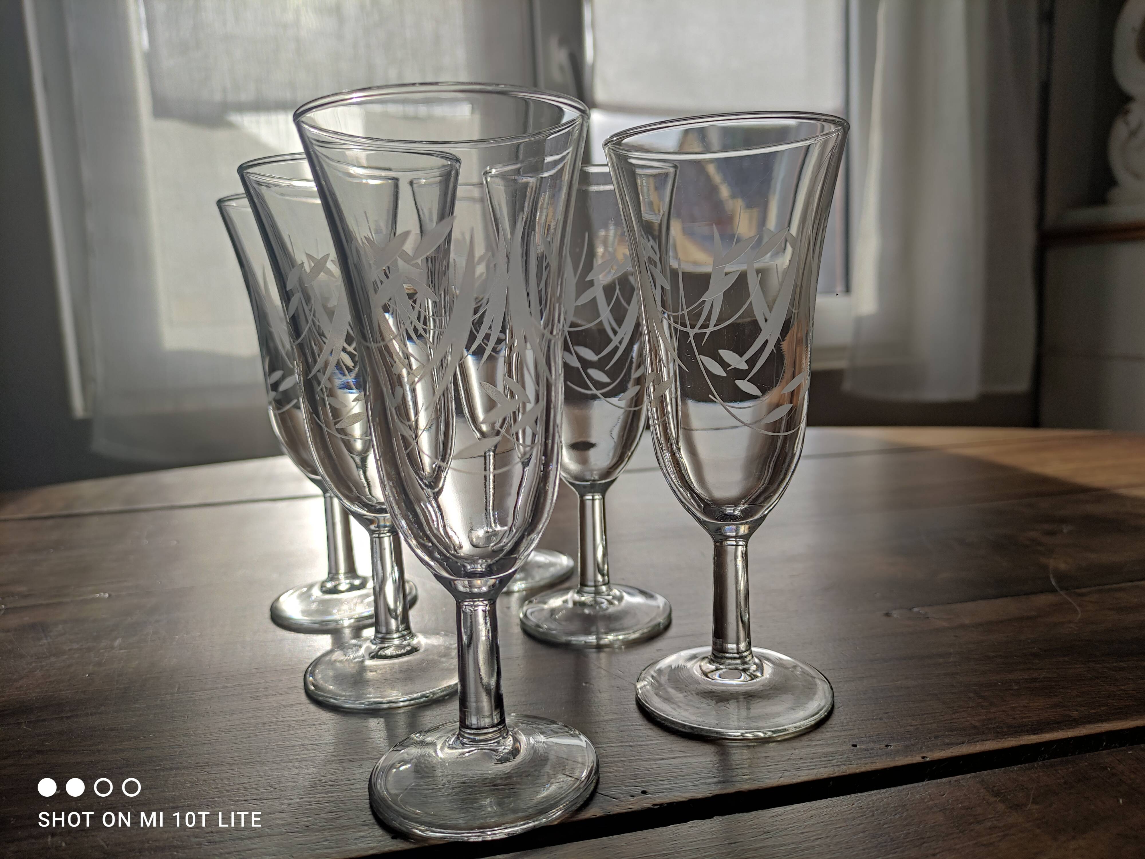 Lot de 6 flûtes à champagne vintage en verre gravé feuillage opaque