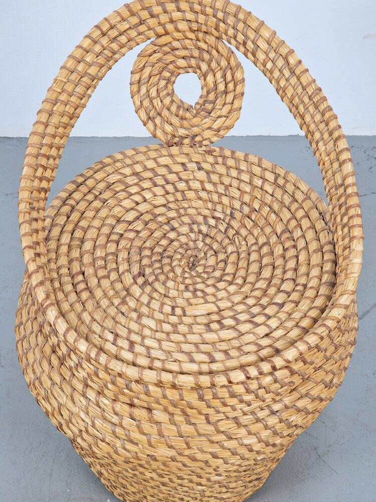 Vintage Straw and Wicker Stool with Storage Basket, 1960s