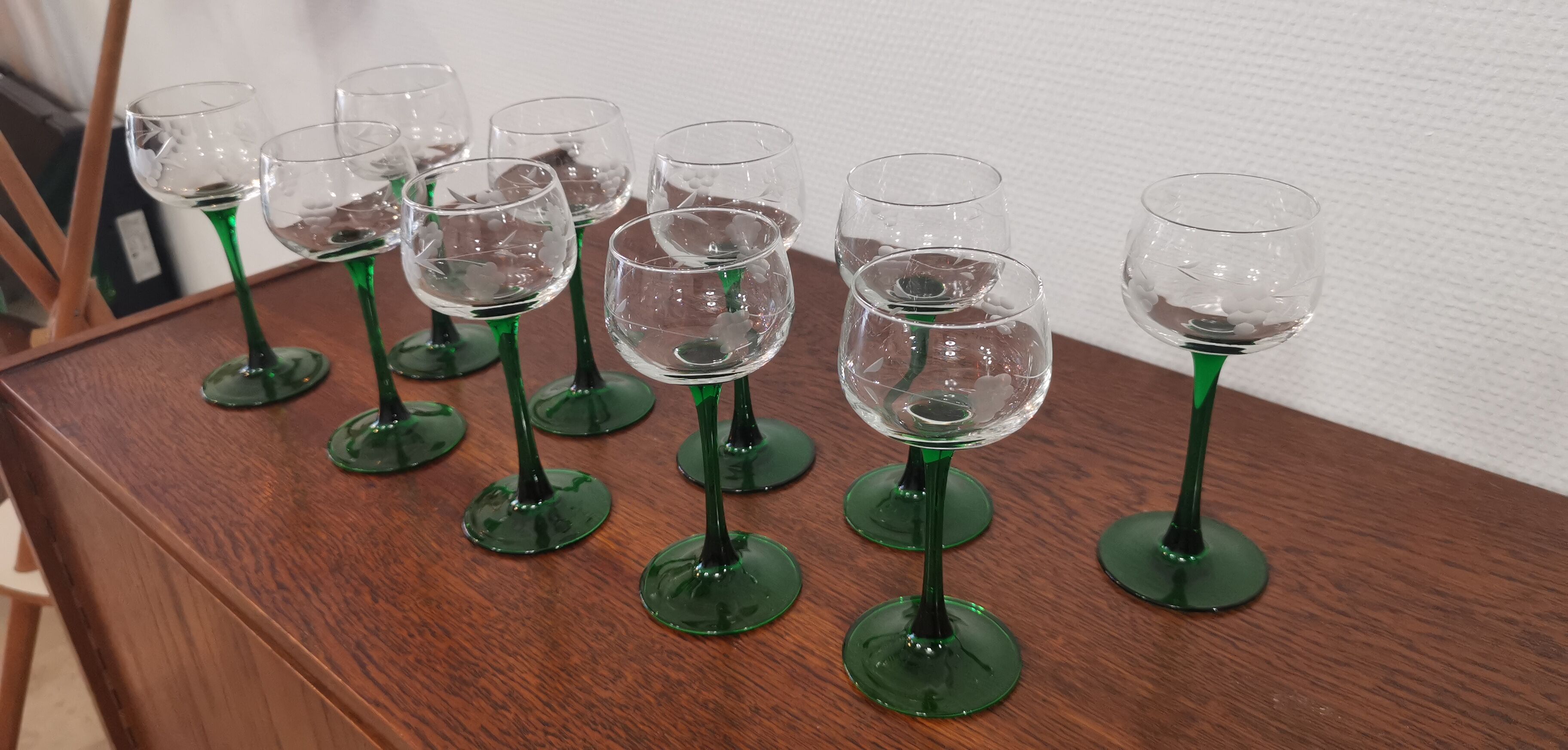 Lot of 10 Old green-stemmed wine glasses from Alsace Engraved vine decoration ARC crystal