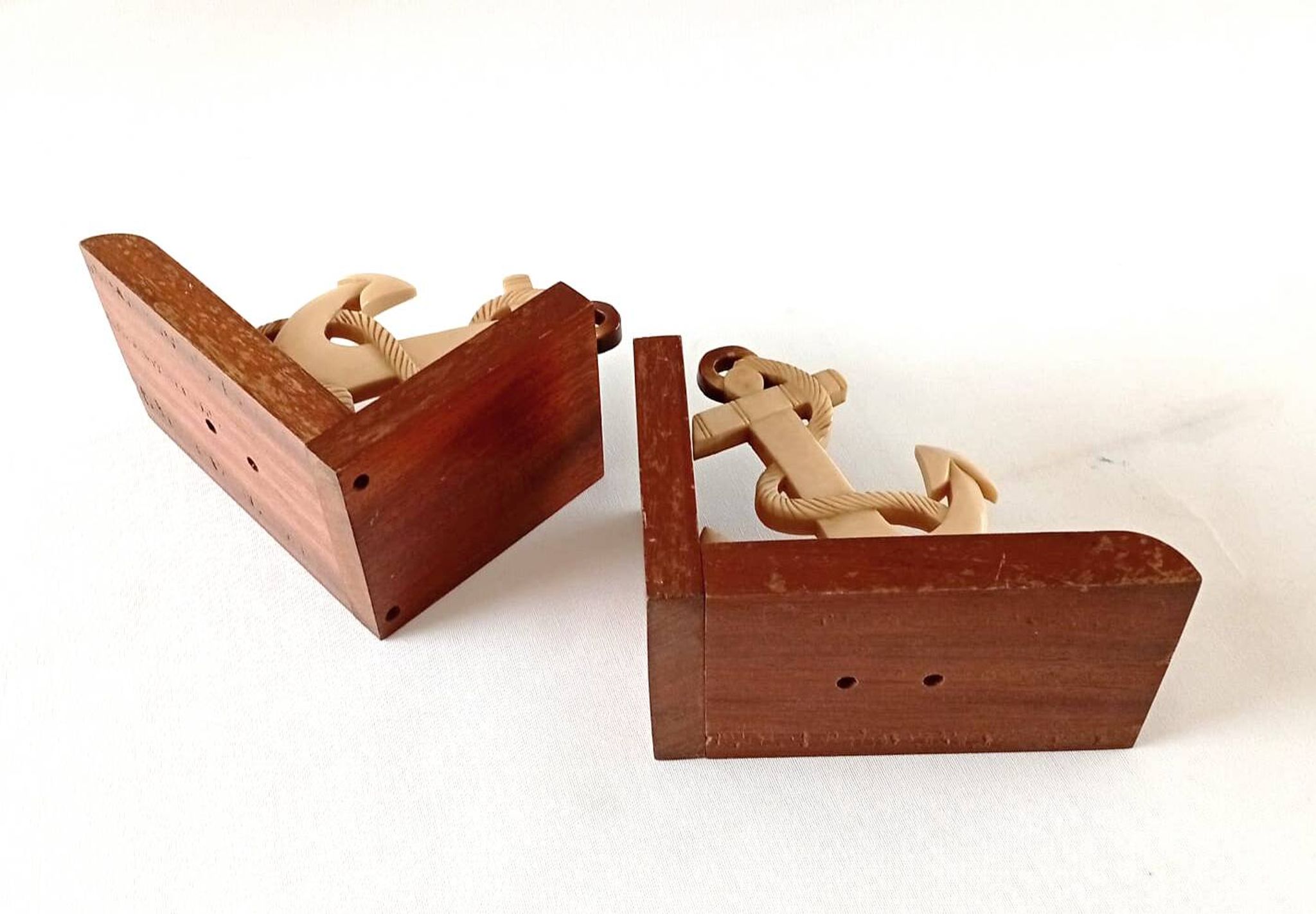 Wood and Bakelite bookends with marine anchors