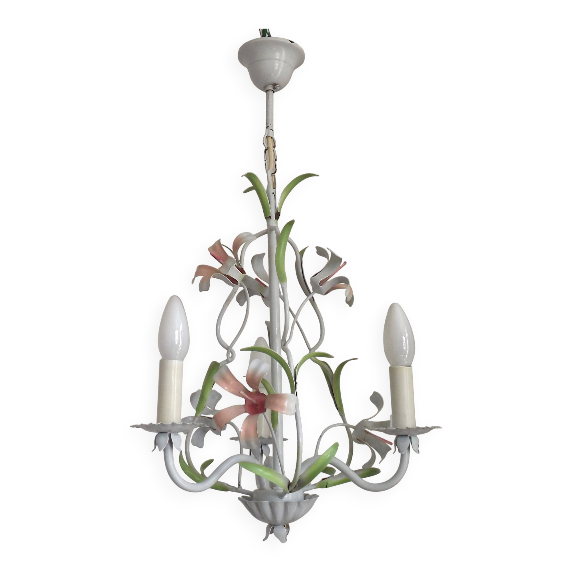 French Vintage 3 Light Pink Lily Flower Cage Style Metal Chandelier 5470
