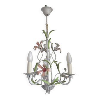 Lustre vintage français en métal style cage avec 3 fleurs de lys rose pâle 5470