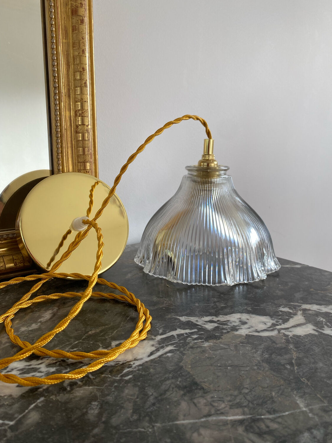 Vintage glass holophane pendant light