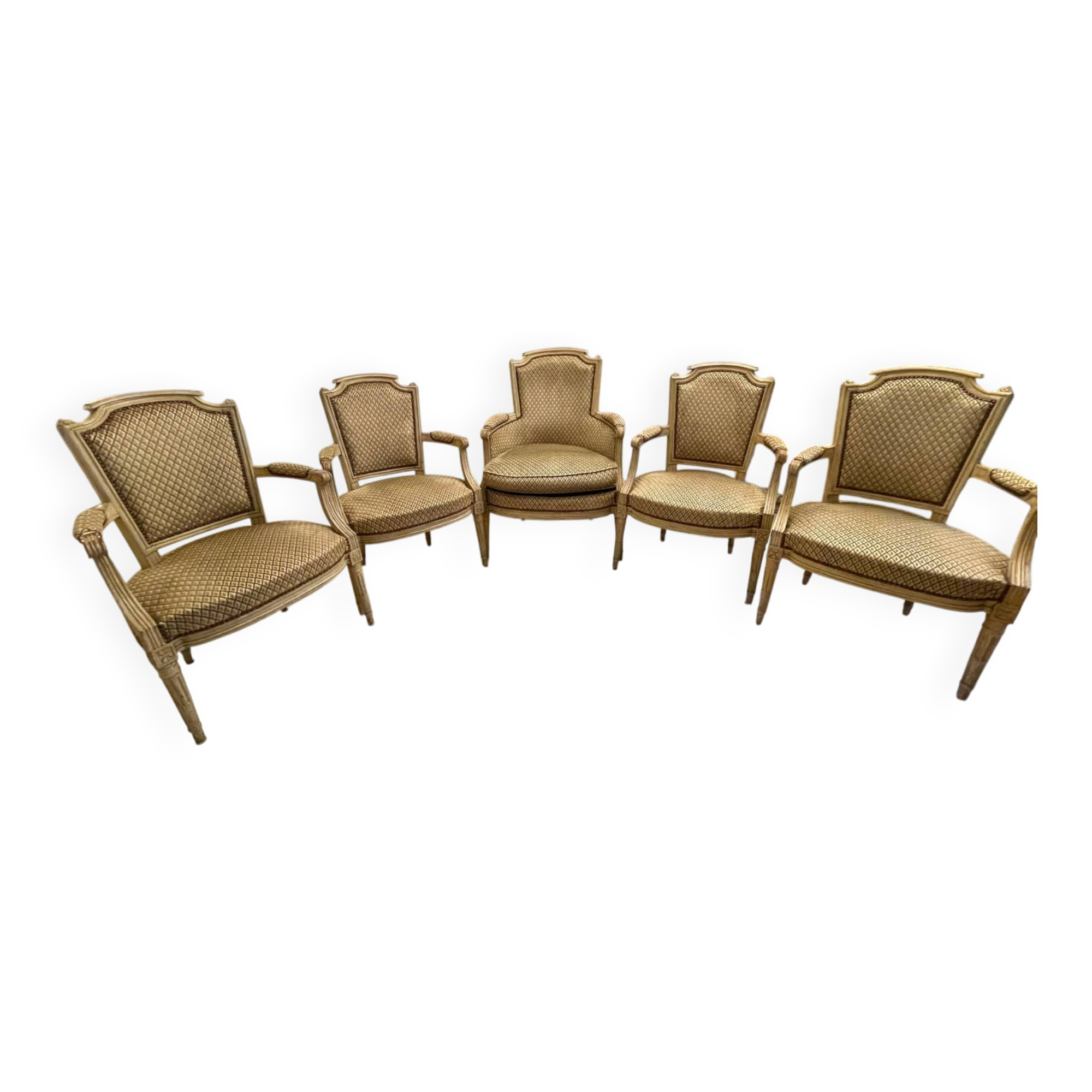Elegant Louis XVI set – 4 cabriolet armchairs + 1 bergère