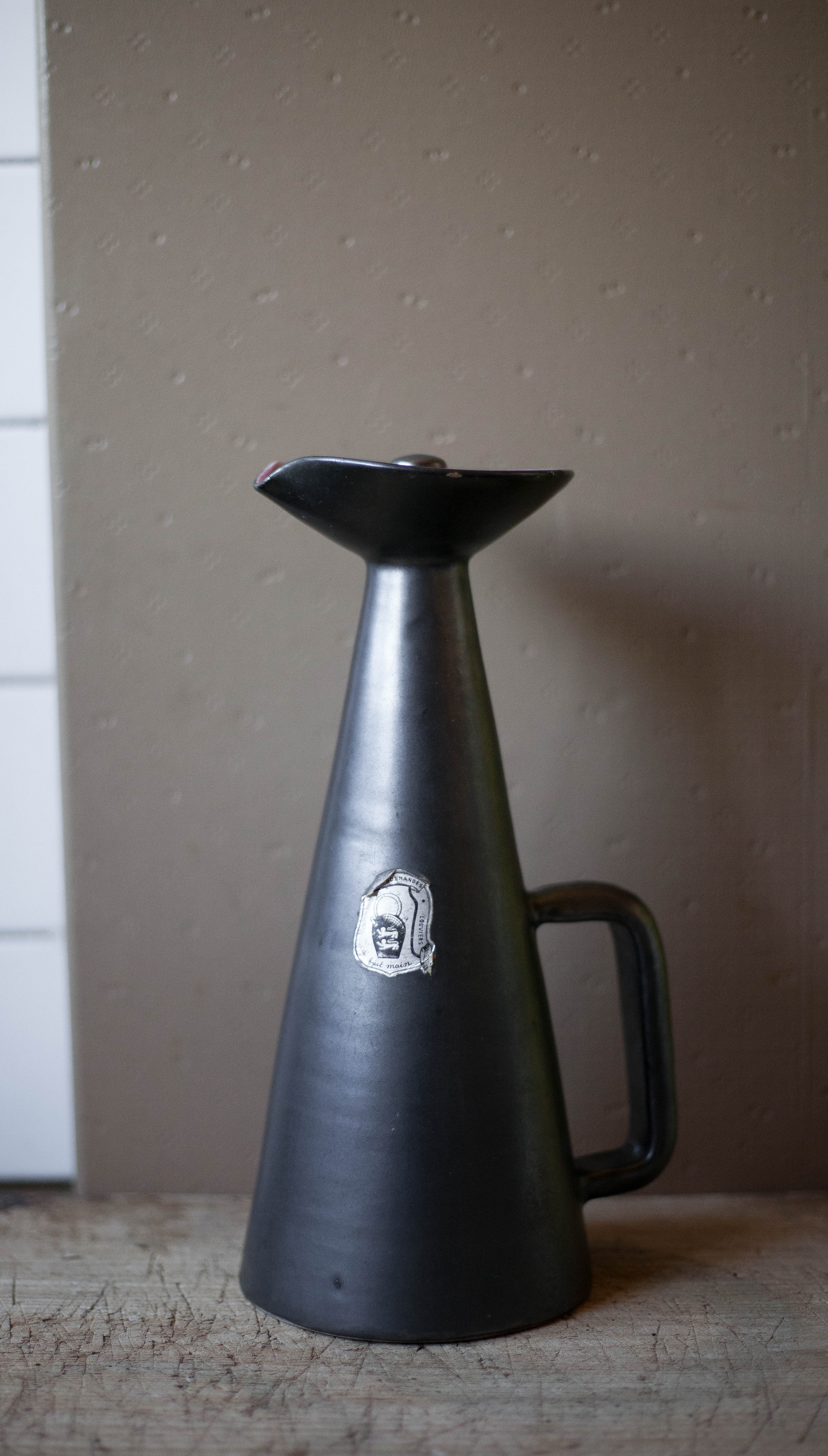 Ceramic pitcher of Louviers manufacture 50s, pitcher with conical handle